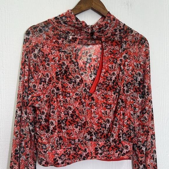 Free People - All Dolled Up Red Floral Print Mesh Long Sleeve  Top Size … - Picture 13 of 15